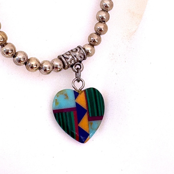 bracelet vintage heart inlay Southwestern Zuni or Navajo stretch silver beads - Picture 4 of 8